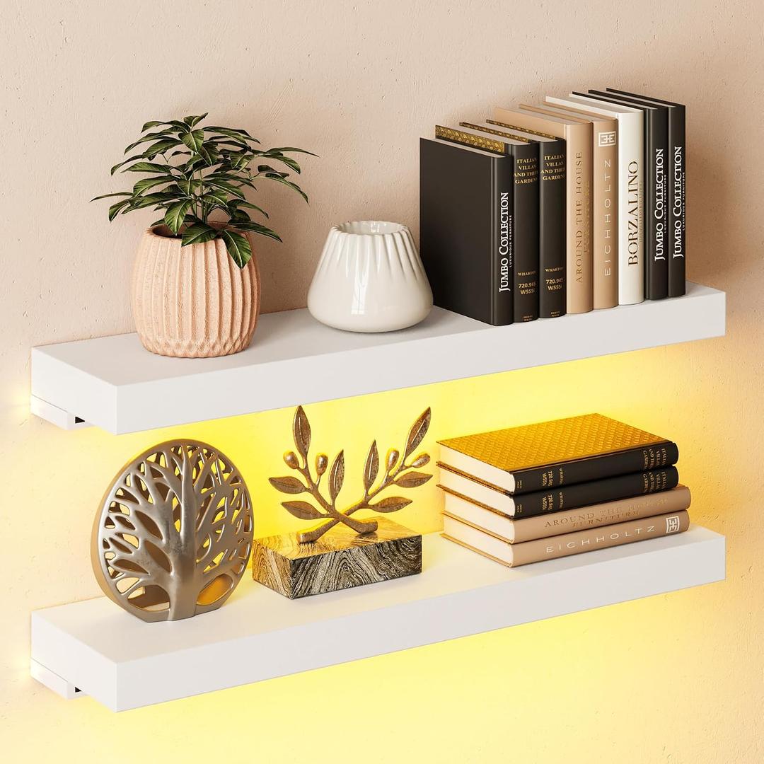 BAMEOS Floating Shelves with LED for Wall Decor, Sturdy Shelves with Warm Light, Wall Mounted Display Shelves, Set of 2, Hanging Shelf for Bathroom, Bedroom, Kitchen, Living Room Storage, White, 24 x 6