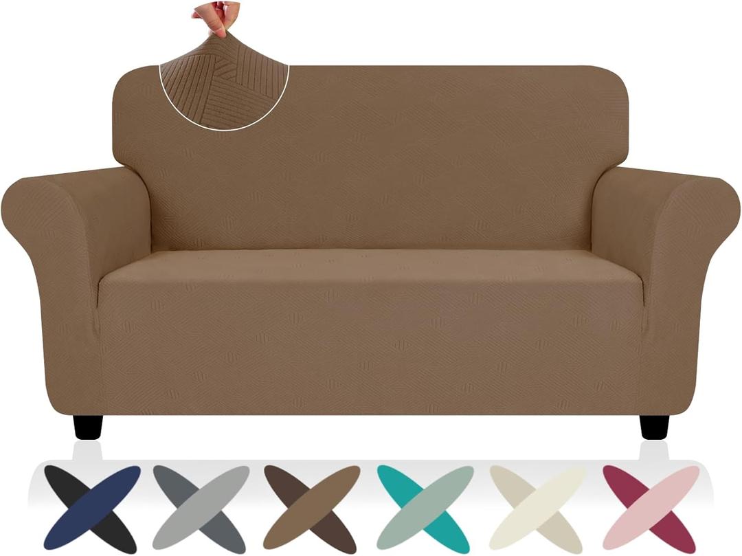 ZNSAYOTX Super Stretch Loveseat Covers (57"-70"), New Striped Love Seat Slipcover, Dogs Pet Friendly Anti-Slip Couch Protector Spandex Durable 2 Seater Fabric Sofa Cover (Light Coffee, Loveseat)