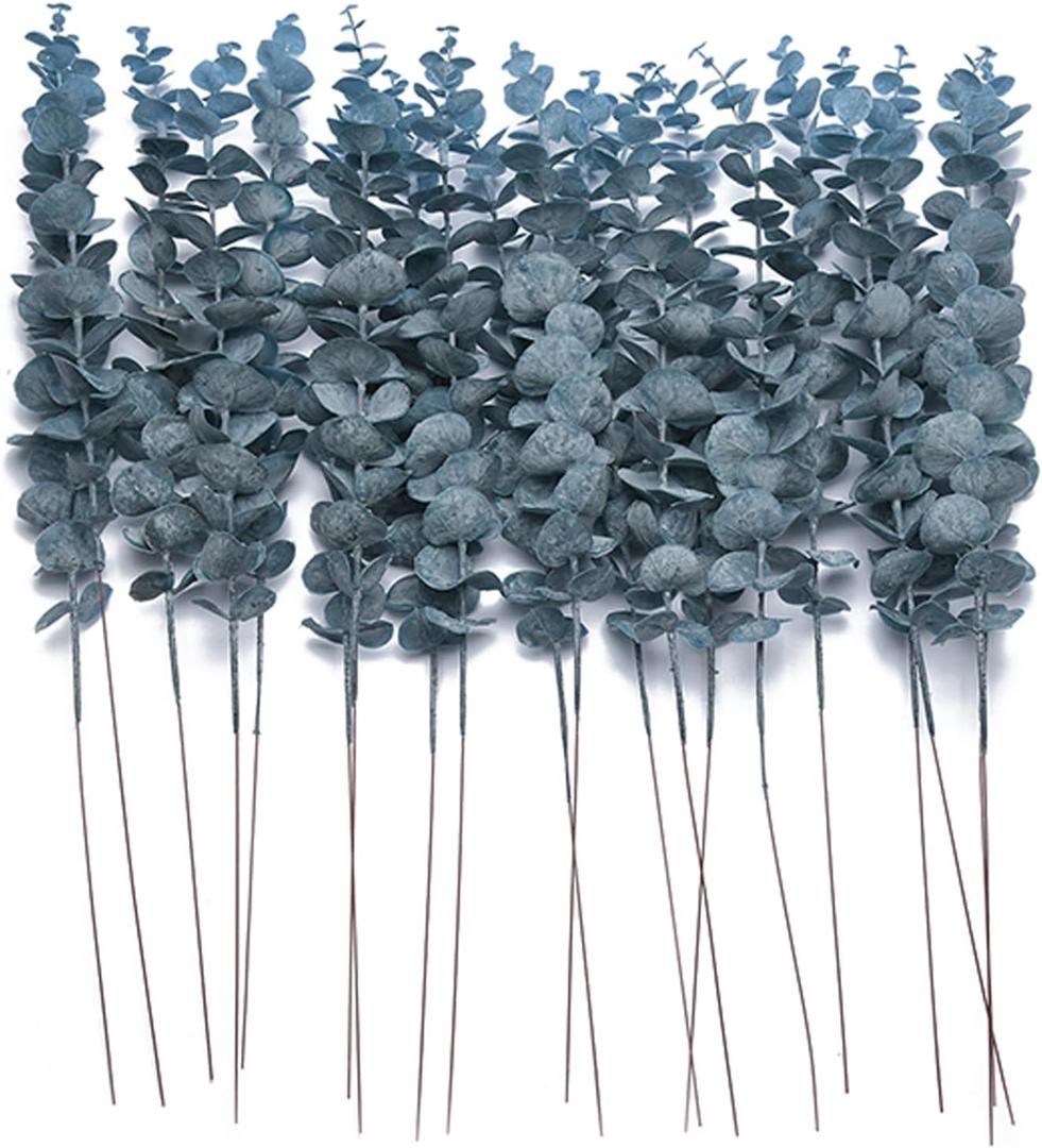 20 PCS Artificial Eucalyptus Stems Faux Eucalyptus Leaves Branches 18.5" Tall Real Touch for Wedding Bouquet Garland Home Decor, Blue