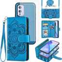 Asuwish Phone Case for OnePlus 9 OnePlus9 5G Zipper Wallet Magnetic Cell Cover with Tempered Glass Screen Protector Strap Flower Card Holder One Plus9 On 1 Plus 1plus One+ 1+ 1+9 Nine Women Girls Blue
