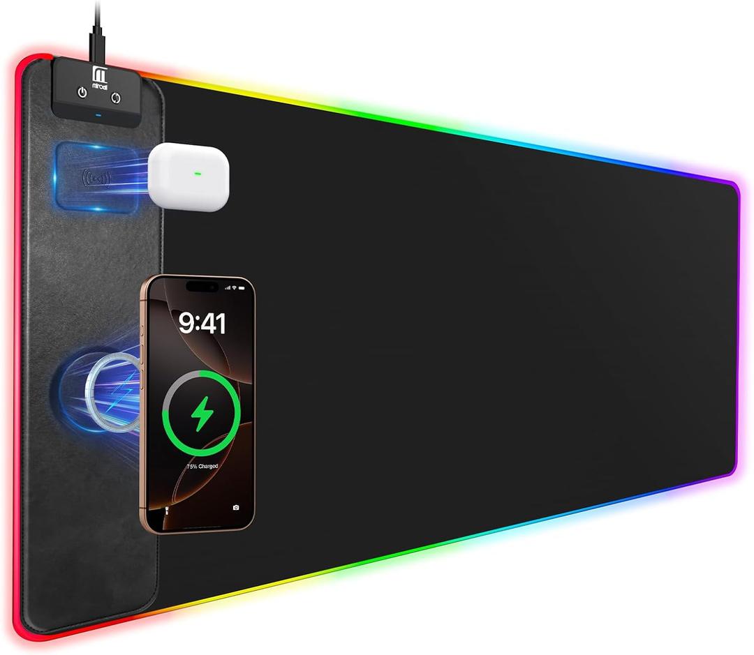 Miroddi Wireless Charging Mouse Pad 15W, RGB Gaming Mousepad 31.5"x15.7" Extra Large Desk Mat, 13 Light Modes, Non-Slip Rubber Base Waterproof Keyboard Mouse Pad for Gamer, PC, MacBook, Laptop