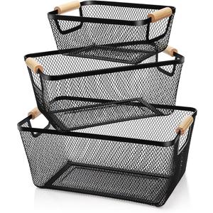 Ziliny 3 Pack Plastic Mesh Basket with Wooden Handles - PP Material Hanging Storage Organizer Container Bins for Organizing Cabinet Pantry Bathroom Kitchen Fridge Fruit Makeup Snacks Gifts(Black)