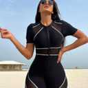 SISKIN Swim Suits for Women 2026, One Piece Tummy Control Short Sleeve Mesh Zipper Athletic Colorblock Modest Bathing Suit (Black, M)