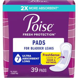 Poise Incontinence Pads & Postpartum Incontinence Pads, 7 Drop Ultra Absorbency, Long Length, 39 Count, Packaging May Vary