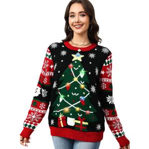 Christmas Ugly Sweater for Women LED Light Up Christmas Tree Sweater Built in Light Bulbs Knitted Pullover S