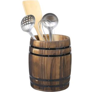 MyGift Barrel Design Kitchen Utensil Crock, Vintage Rustic Burnt Wood Cooking Tool Holder