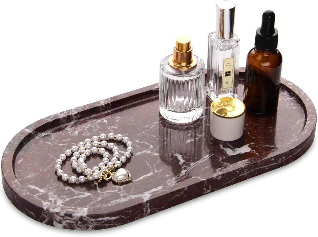Oval Marble Bathroom Vanity Tray, Natural Luxury Marble Home Kitchen Bathroom Table Tray, Stone Decorative Countertop Tray for Coffee Perfume Jewelry (Rosso Lepanto, 12" x 6" x 0.8")