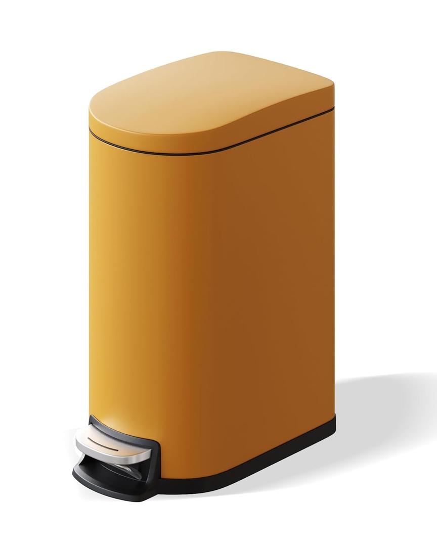 Garvee 2.6 gal / 10 L Metal Bathroom Trash Can with Lid, Slim Waterproof Garbage Can for Bedroom, Small Step-on Trash Bin with Inner Bucket, Rear Handle, Soft Close Lid, Yellow