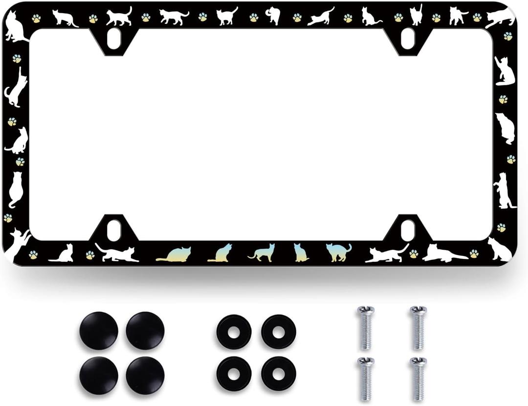 Cat License Plate Frame Colorful Cats Animal Footprint License Plate Stainless Steel Funny License Plate Beautiful Decoration with Screws 12.3"x 6.3"for US Canada Standard Vehicle Size