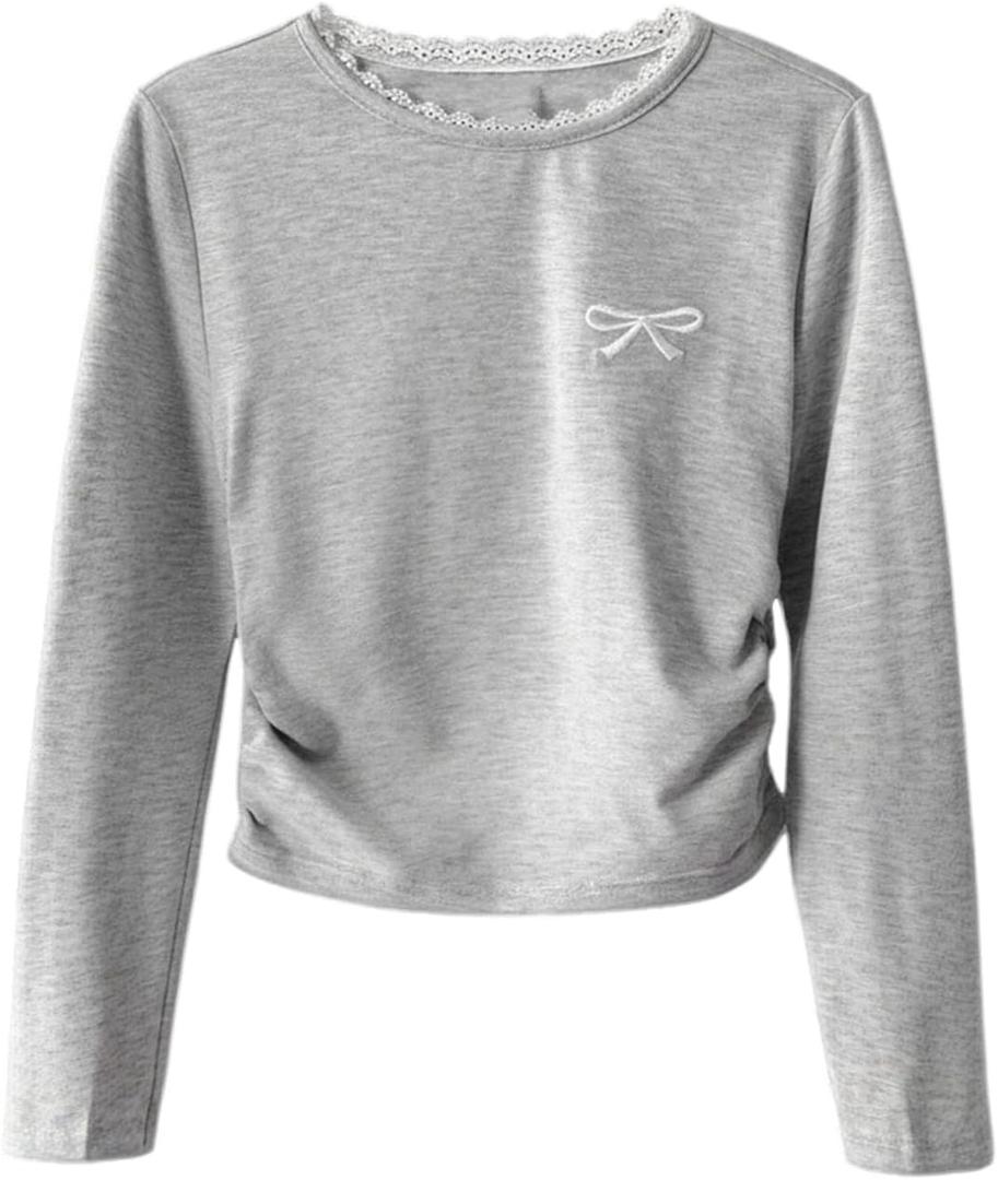 RoseSeek Girl's Bow Embroidery Long Sleeve T Shirts Lace Trim Crew Neck Ruched Cute Tee Tops Fall Clothes (Gray)
