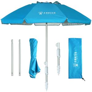 AMMSUN 6.5ft Twice Folded Portable beach umbrella with Sand Anchor Windproof Tilt Pole Air vent UPF 50+ Protection Fits in a large Suitcase Compact For Travel Patio Garden Pool Backyard Sky Blue