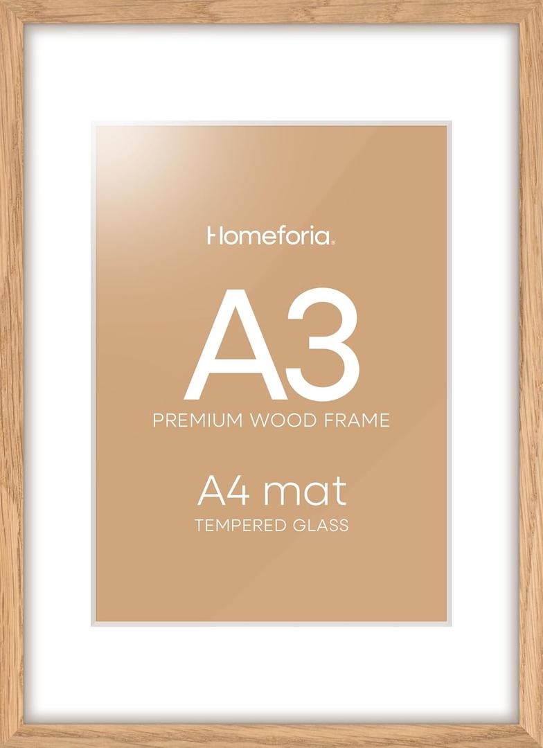 Homeforia A3 Picture Frame Wood, High-End Natural Oak 11.7 x 16.5 Wooden Poster Frames Matted to 8.3 by 11.7 Photo, A3 Size Light Wooden Frame with Mat A4 for Print, Tempered Glass, Wall Kit, Set of 1