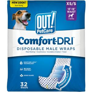 Out! PetCare Disposable Dog Diapers Male, Puppy Belly Band, Potty Training, Doggie Diapers, Belly Bands for Male Dogs, Puppy Training, Incontinence, (XS/S, 32ct)
