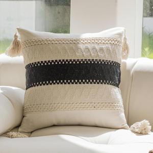 vctops Boho Cotton Linen Decorative Throw Pillow Covers with Tassels 18x18 Inch Soft Farmhouse Neutral Stripe Pillow Covers Accent Macrame Woven Black Cushion Case for Couch Sofa Car (Type D,18"x18")