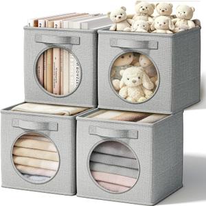 Vailando Ultra Thick Fabric Foldable Storage Bins with Mesh Window - 11 Inch Cube Storage Organizer for Clothes, Shelves, Offices, Toys & Misc, Light Gray, 4 Pack