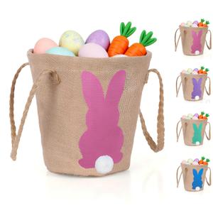 Easter Bunny Basket for Kids, Linen Egg Hunt Bag Soft Fabric, Cute Rabbit Tote Bags Easter Tote Bags for Candy Gifts Storage (Pink)