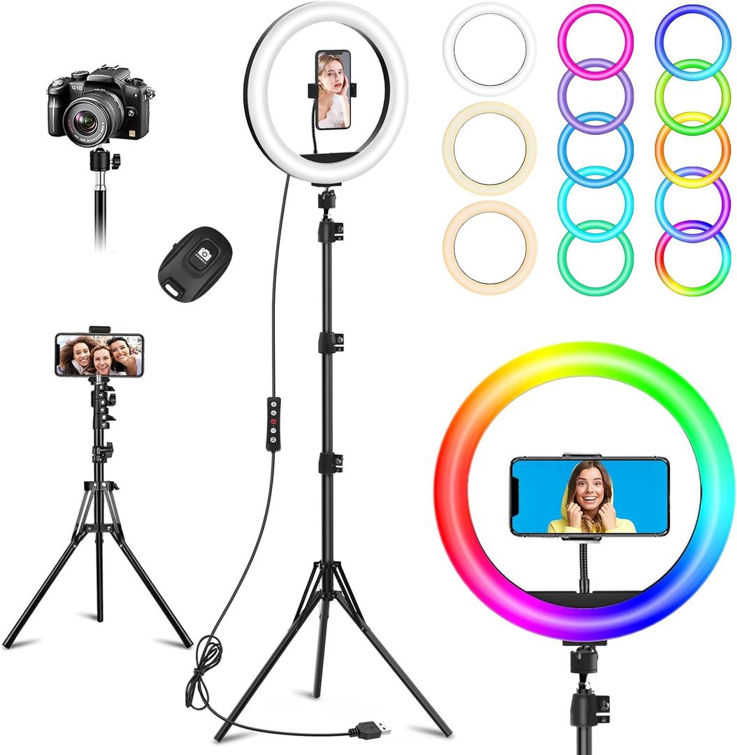 10.3" Selfie Ring Light with Stand and Phone Holder, Desk Tripod, 29 RGB Lighting Modes, Remote for iPhone &Android Camera. LED Halo Light for Photo, Video Recording, TikTok. Circle Ringlight Dimmable