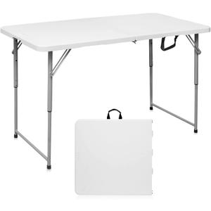 Folding Table 4 Foot Portable Heavy Duty Plastic Fold-in-Half Utility Table Small Indoor Outdoor Adjustable Height Folding with Carrying Handle, Camping and Party, White