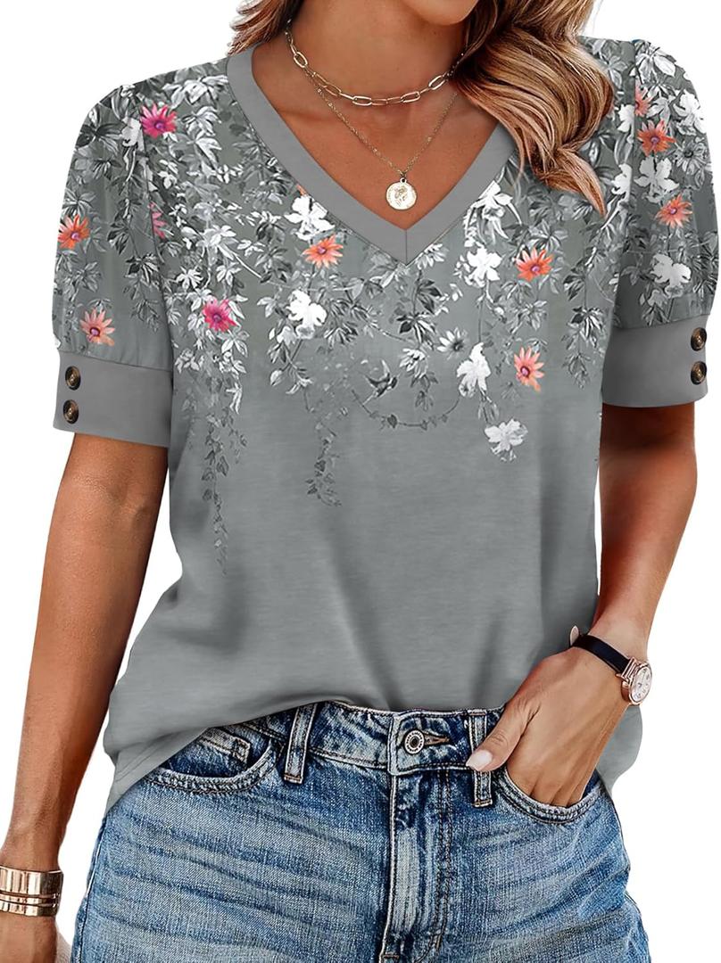 Womens Blouses Dressy Casual Short Sleeve Shirts Medium, Z-floral Grey