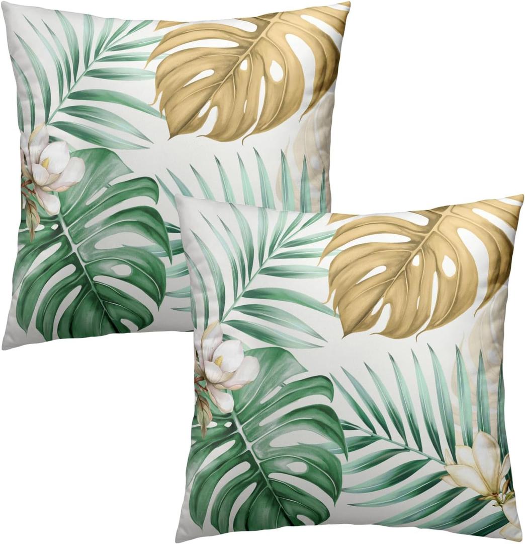 Giwawa Palm Leaf Pillow Cover Set of 2 Tropical Green Brown Banana Leaves Floral Cotton Throw Pillowcases Summer Monstera Flower Soft Square Cuchion Covers 20"x20" for Couch Sofa Patio Decor