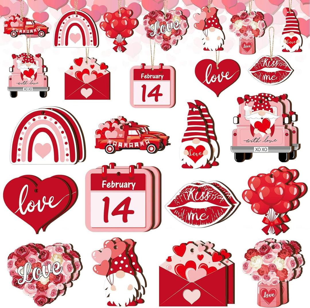 24 Pcs Valentine's Day Ornaments for Tree Wood, Both Side Printing Valentines Day Tree Decorations Hanging Ornaments for Home Indoor Outdoor Decorations