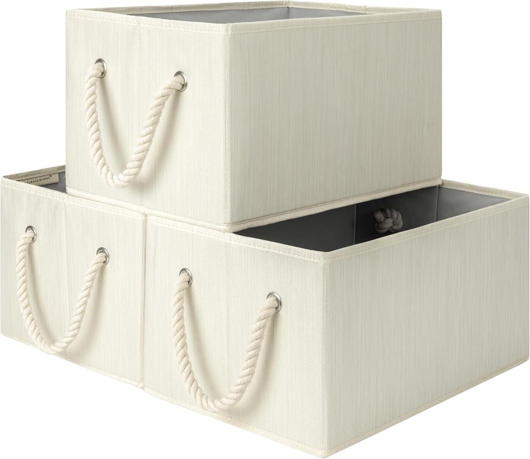 StorageWorks Large Storage Baskets for Organizing, Foldable Storage Baskets for Shelves, Fabric Storage Bins with Handles, Beige, White & Ivory, 3-Pack (14 " L x 10 " W x 8" H)