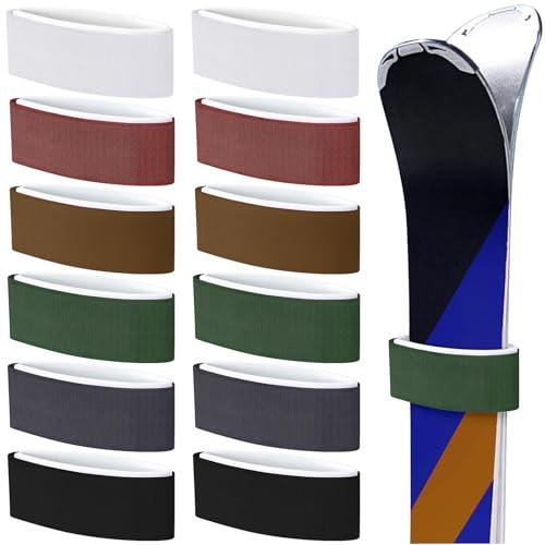 Seenelling 12pcs Ski Straps Adjustable Ski Fasteners Straps for Carrying Durable Hook and Loop EVA Protector Pads Between (Dark Colors)