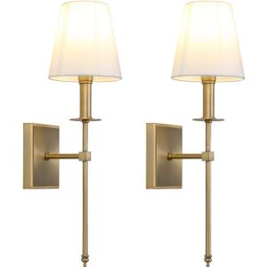 PERMO Set of 2 Classic Rustic Industrial Wall Sconce Lighting Fixture with Flared White Textile Lamp Shade and Antique Brass Tapered Column Stand, Hardwired, E26 Base