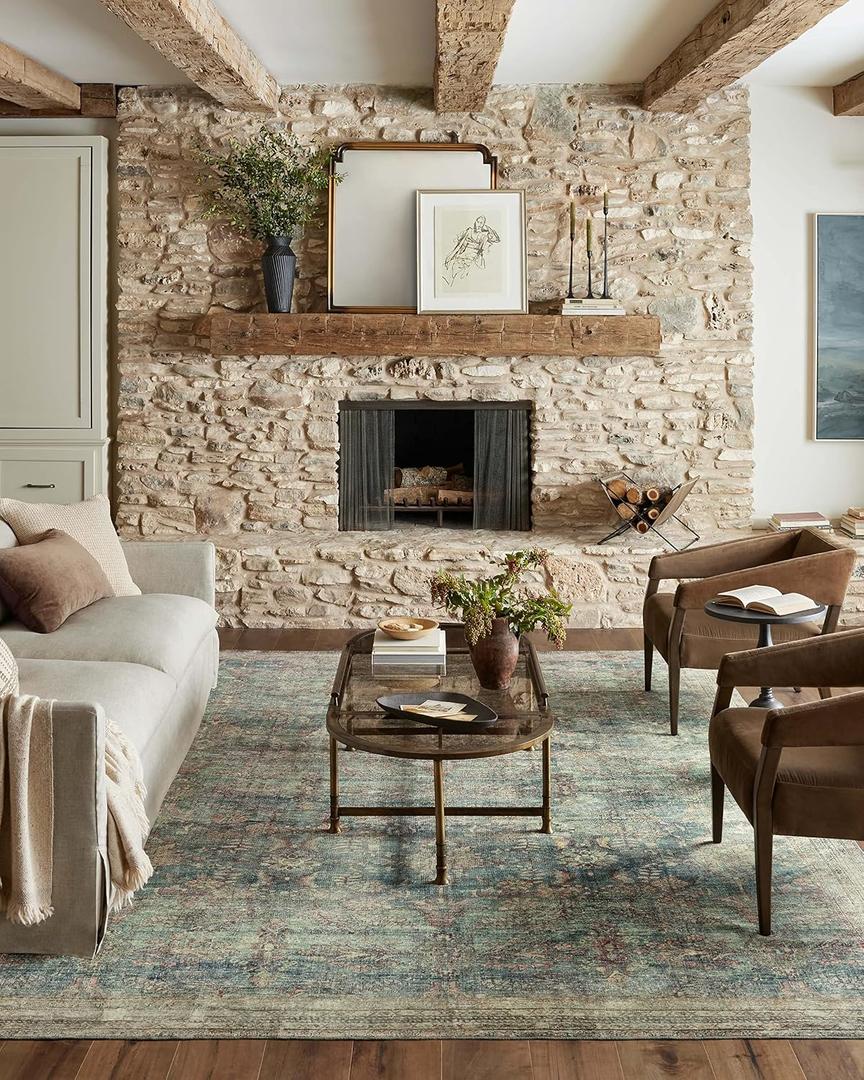 Loloi Magnolia Home by Joanna Gaines Banks Collection BAN-01 Ocean/Spice 8'-6" x 11'-6", .13" Pile Height, Machine Washable, Area Rug