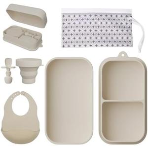Travel Silicone Baby Feeding Set Portable Toddler Feeding Supplies Toddler Plates and Bowls Set Baby plates with Suction With spoon and cup, bib and waterproof storage bag