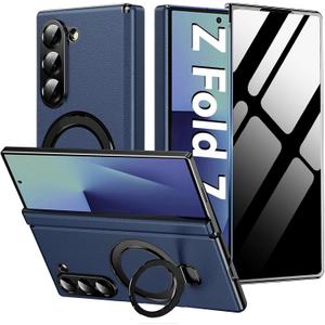 Case for Samsung Galaxy Z Fold 7,Luxury Premium Leather Phone Case with Privacy ScreenHinge Protection Magnetic Kickstand,Slim Shockproof Protective Cover for Galaxy Z Fold 7 2025, Blue