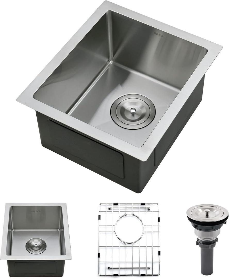 PEPO 13 x 15 Inch Undermount Bar Sink - 16 Gauge Stainless Steel Single Bowl, High-end Handmade Square Kitchen Sink for RV, Bar, Prep, or Outdoor Use