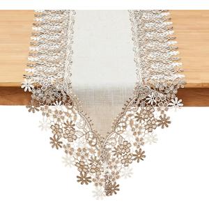 Natural Neutral Earth Tones Beige Floral Lace Table Runner Dresser Scarf 120 inches Long for Home Decor (16 x120, Floral Natural)
