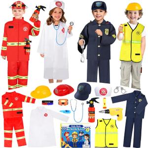 Toddler Dress Up Clothes, Kids Role Play Costumes 4 In 1 Set-Police Doctor Fireman Engineer for Kids Boys and Girls 3-8, Career Dress Up Pretend Play Toys, Birthday Halloween Christmas Gifts
