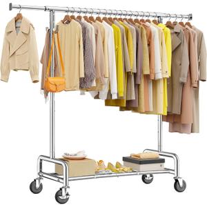 Raybee Heavy Duty Clothes Rack 75" Extra Wide, 450 LBS Clothing Rack with 4 Hooks, Lockable Wheels, Metal Garment Rack for Bedroom, Laundry Room, Commercial (Chrome)
