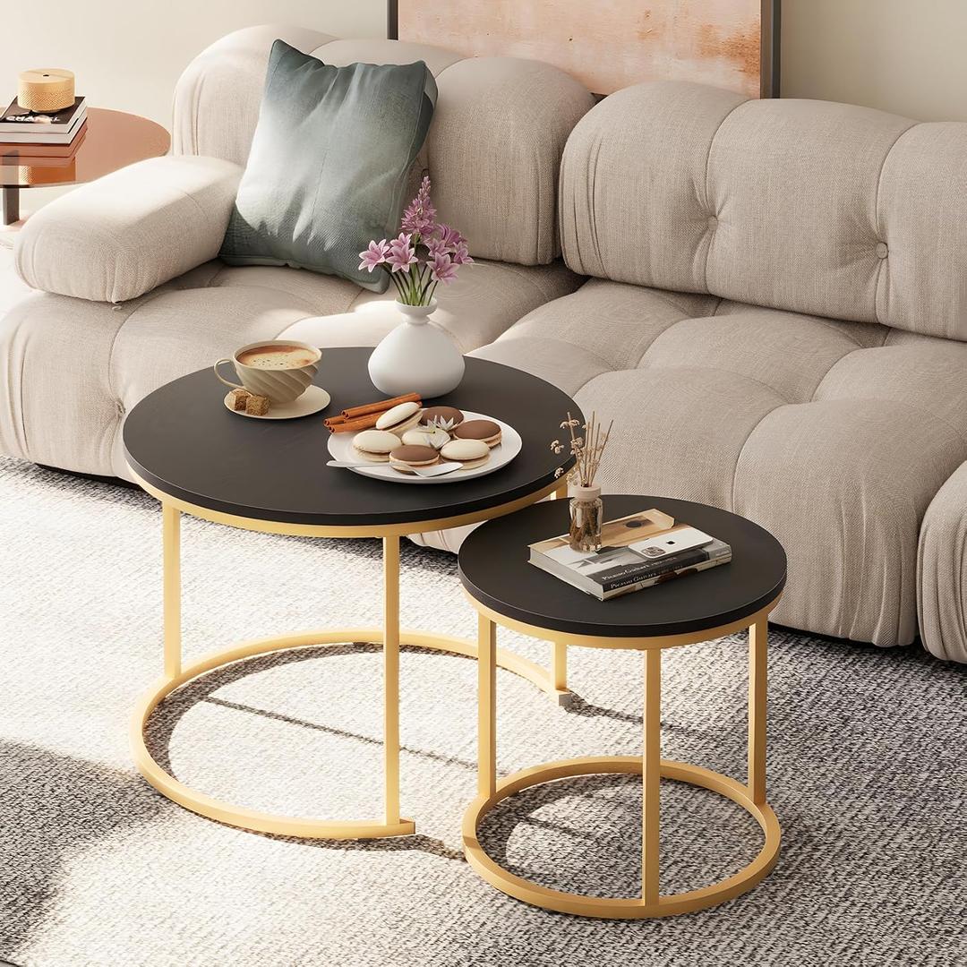VILAWLENCE Coffee Table Nesting Set of 2 Round End Table Accent Side Stacking Tables Black Wood with Sturdy Metal Frame, Modern Living Room Table Sets Industrial Nightstand