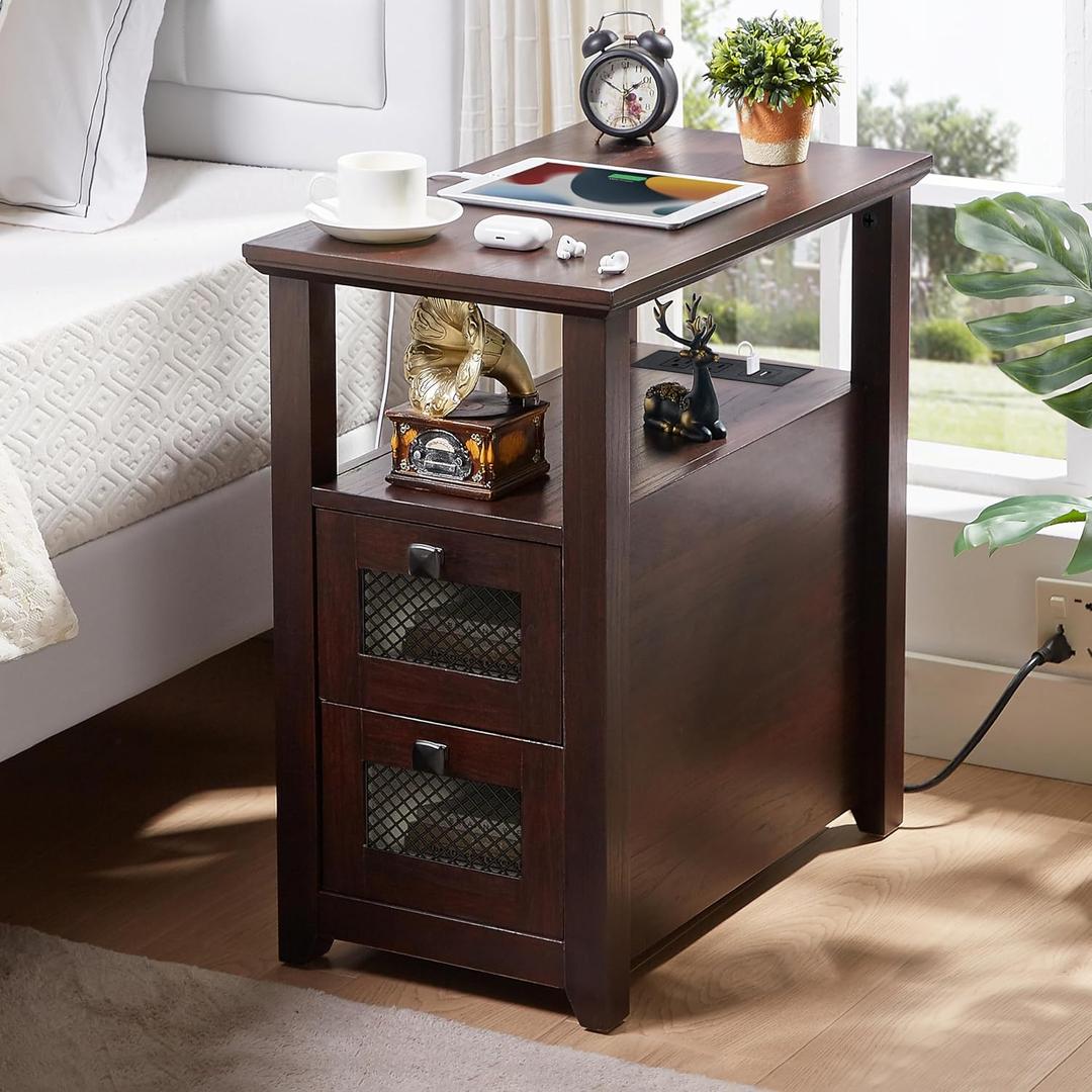 HDDDZSW Farmhouse XXL End Table with Charging Station, Narrow Side Table with USB Ports and Outlets, Nightstand with 2 Drawers Storage, Bedside Tables for Living Room, Bedroom, Rustic Cherry, 24.8 X 23.6 X 13.78 Inches