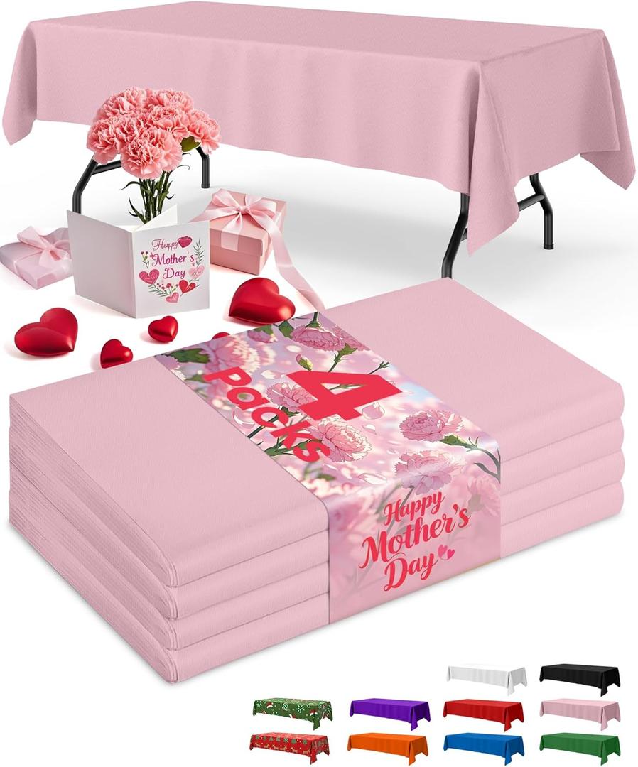 Niuara Pink Plastic Table Cloth - 4 Pack 54" 108" Rectangle Disposable Tablecloths for 6FT Tables, Table Cover for Party, Valentines, Mothers Day, Holiday & Gathering Use