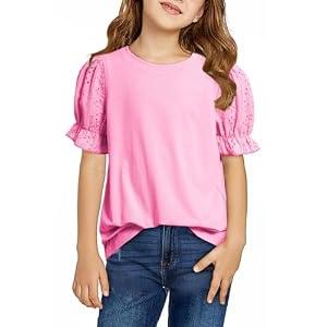 DOKOTOO KIDS Cute Shirts for Girls Puff Sleeve Tops Summer Hollow Out Short Sleeve Crewneck Knit Blouse Back to School Clothes Pink 10-11 Years XL
