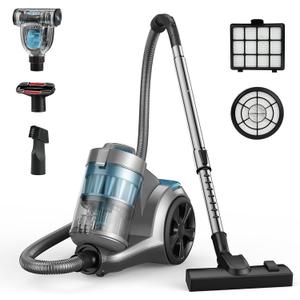 1700W Canister Vacuum, 45Kpa Bagless HEPA for Pet Hair, Hard Floor
3.5QT XL Dust Cup, 5-Stage Filtration, Tangle-Free Brush, Auto Cord Rewind, 4 Tools, Lightweight, Quiet