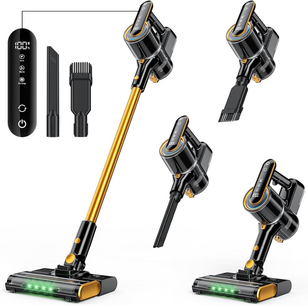 Cordless Vacuum Cleaner, 600W 50000PA Stick Vacuum Cleaners and Mop In One,4000mAh Battery with 60 Min Runtime, LED Screen and Green Headlights, Handheld Vacuum for Pet Hair Floors Carpet Sofa (Golden)