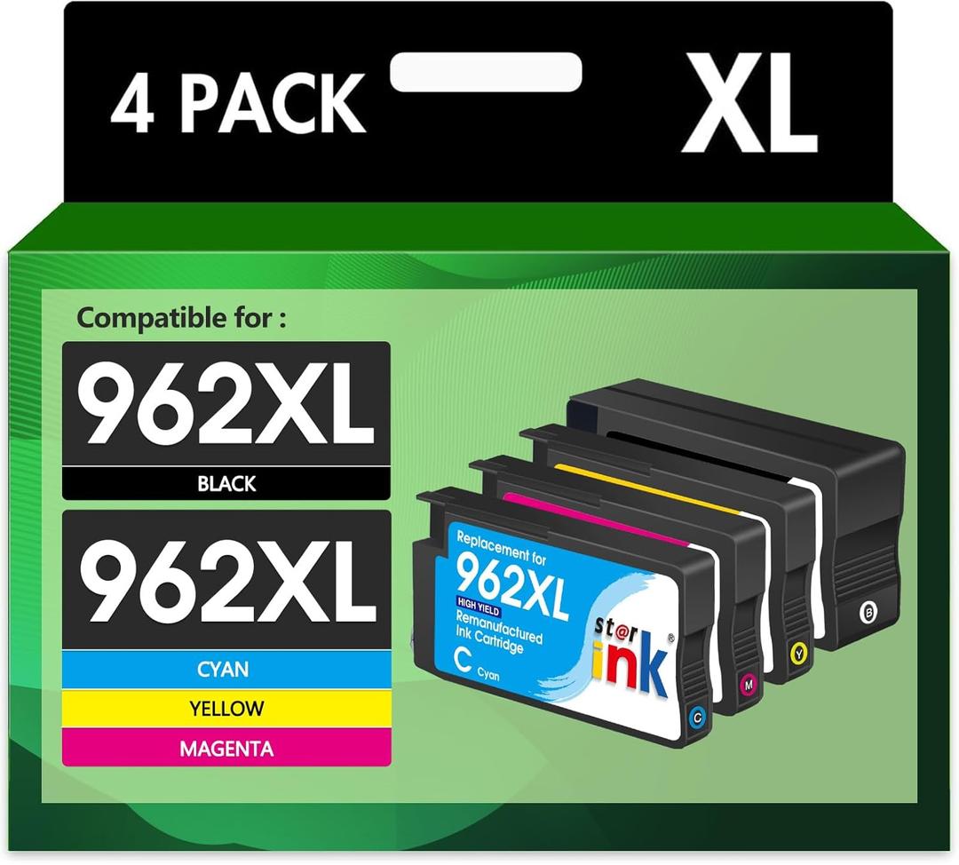Remanufactured 962XL Ink Replacement for HP 962XL Ink Cartridges Combo Pack for HP Ink 962XL Black and 962 Color Combo Pack Use with Officejet Pro 9010 Ink Cartridges 9015 9020 9025 9018 Printers (962XL black/cyan/magenta/yellow)