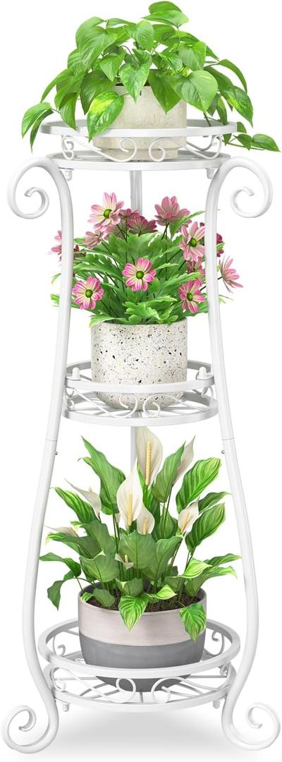 iDavosic.ly 3 Tier Metal Plant Stand Indoor Outdoor, Wrought Iron Corner Tall Flower Pot Holder Shelf, 34 Inch Vertical Heavy Duty Display Rack for Patio Porch Living Room Garden, White