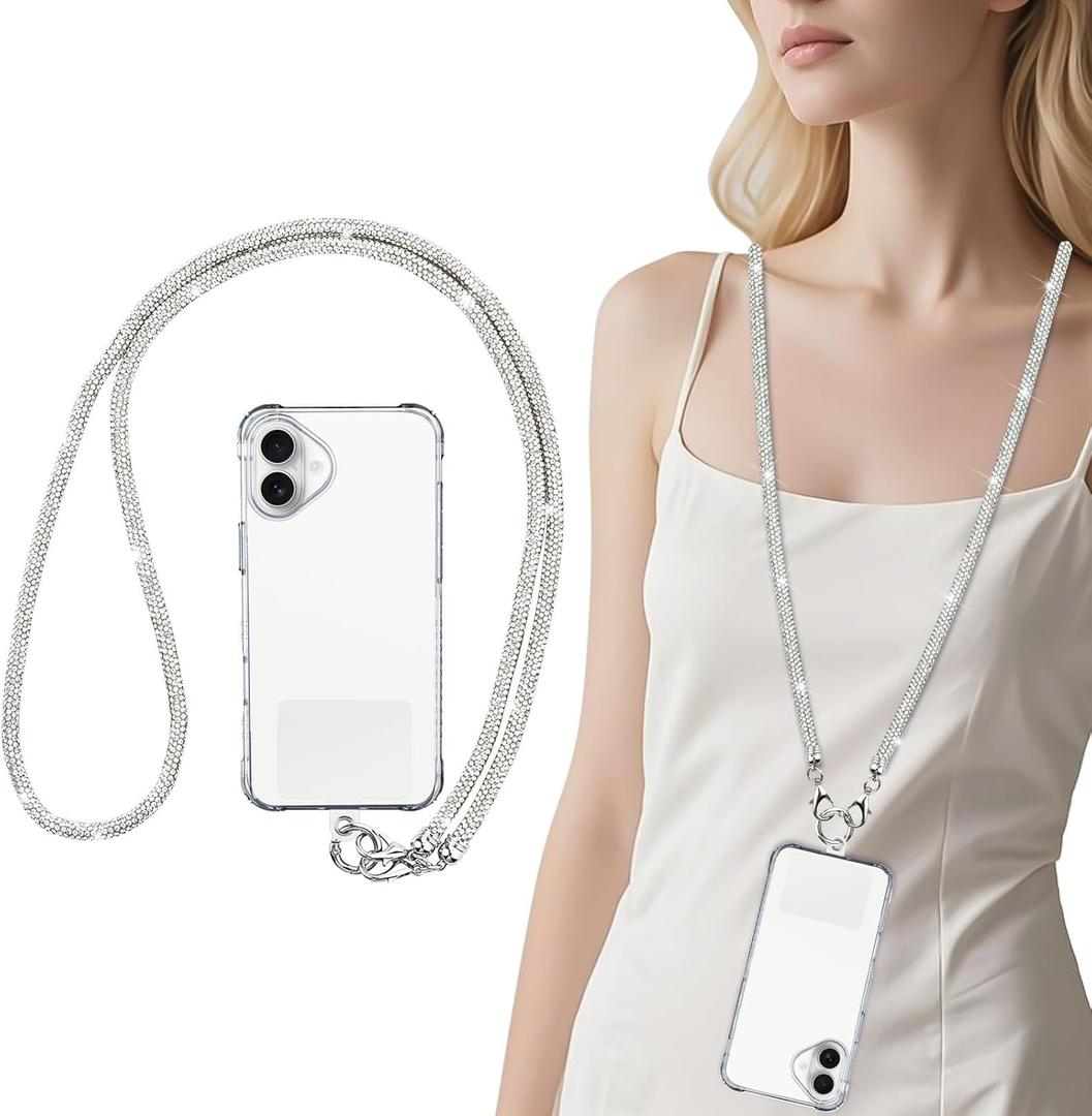 VOFUOE Phone Lanyard, Crossbody Phone Strap Bling Diamond Shining Universal Cell Phone Neck lanyard Chain with Tether Tabs Metal Buckles for All Phones for Travel -Silver