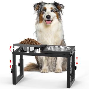 Dog Bowls Elevated, 4 Height(6.8" to 10") & Angle (0-20) Adjustable Raised Dog Bowl Stand, Elevated Dogs Bowl Stand for Medium Sized Pet, Sturdy Metal Dogs Feeding Station with 2X 33oz (4cup) Dishes