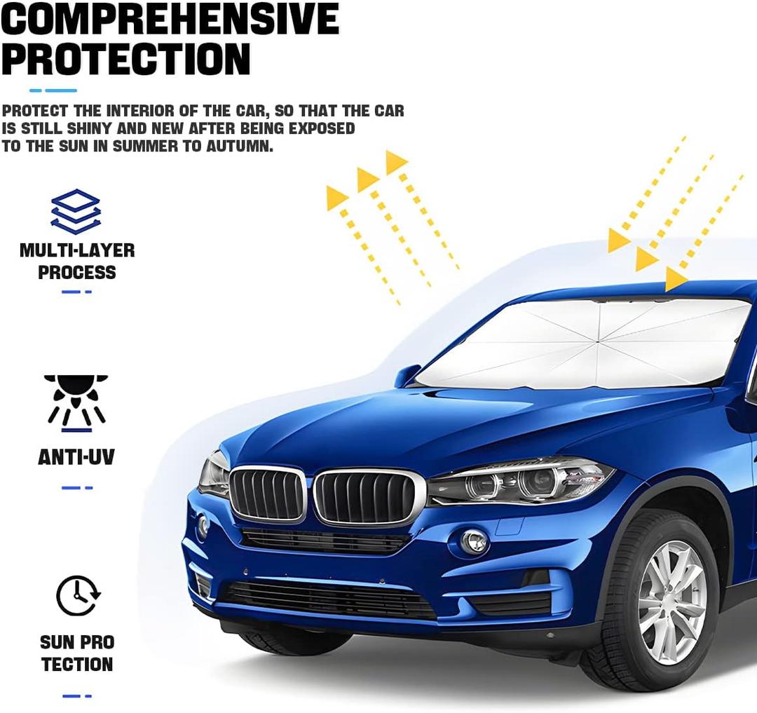 Blilo Car Windshield Sunshade Umbrella, Foldable Reflective Auto Front Window Shield Shade, Car Sun Visor for UV Rays and Heat Protection, Universal Windscreen Cover Keep Vehicle Cool (53''×31'')