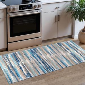 Modern Abstract Runner Rug 2x5 Ft, Blue Washable Entryway Kitchen Runner Non-Slip Soft Hallway Rug Runner Thin Print Faux Wool Carpet for Bedroom Laundry Room Indoor (Blue Aqua/Beige Taupe Multi)