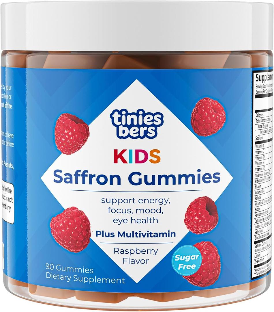2 x Tinies bers Saffron Gummies for Kids, with Multivitamins, Methyl Vitamin B12, Improve Focus, Mood Balance, Boost Energy, Support Vision Health, Daily Support, Vegan, Sugar Free, Pectin, Berry, 90