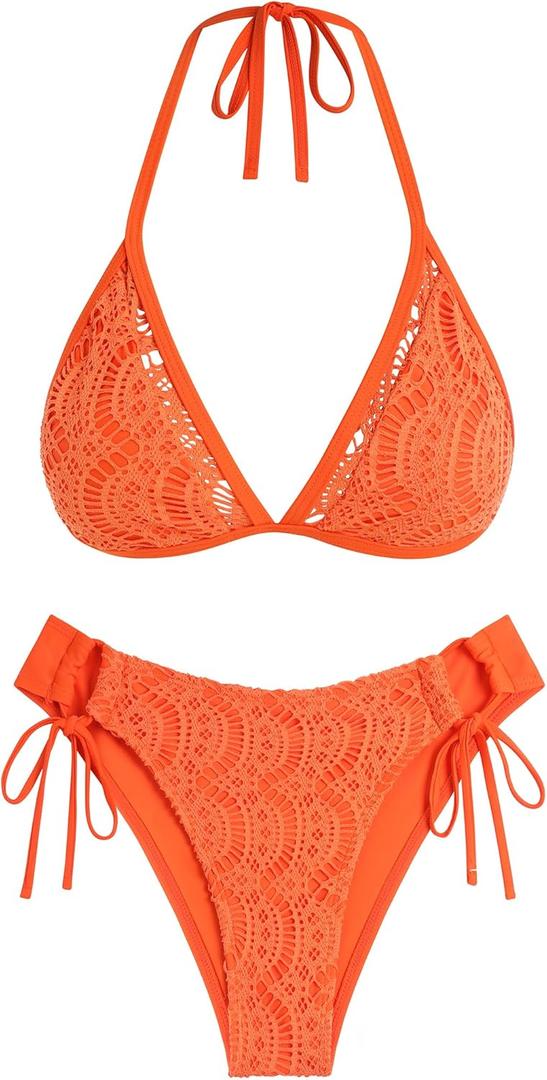ZAFUL Women's Halter Triangle Bikini Set Crochet Boho Floral Swimsuit Cut Out Tie Side Two Piece Bathing Suit (Orange, S)