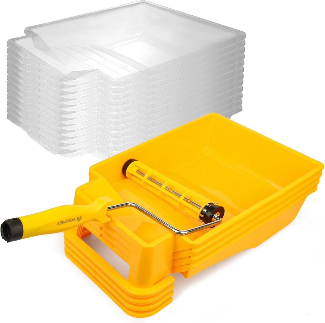 VOOMEY 9 Inch Foot-Operated Paint TrayPaint Roller Frame,12 Pcs Paint Tray Liner with 4 Set Paint Roller TraysHouse Painting Supplies